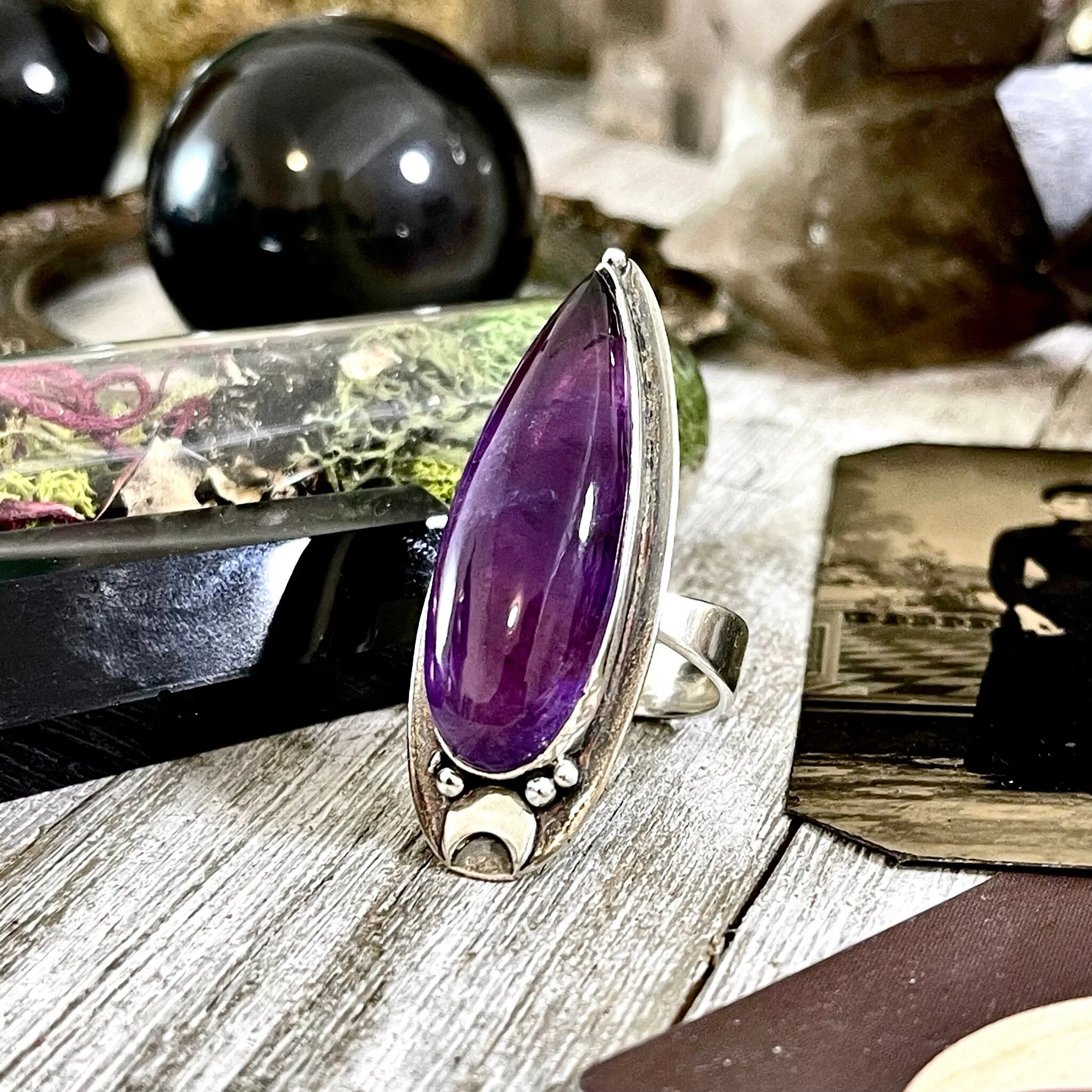 Magic Moons Amethyst Ring in Solid Sterling Silver- Designed by FOXLARK Collection Adjustable to Size 6 7 8 9 10 / Crystal Witchy Jewelry