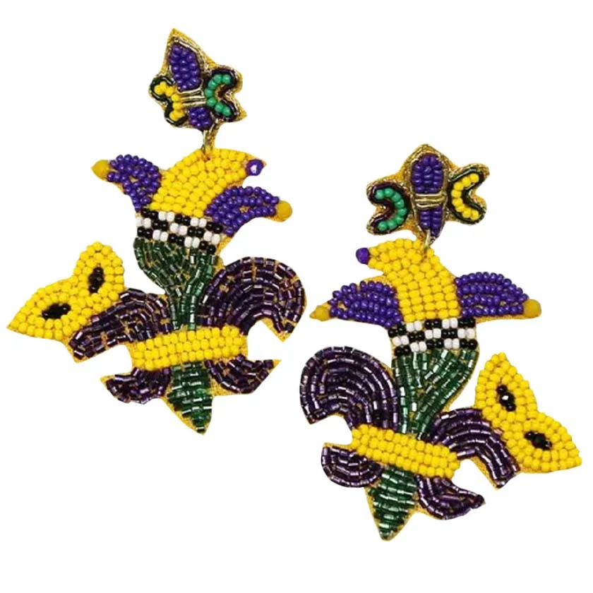 Mardi Gras Jester Fleur De Lis Seed Bead Drop Earrings