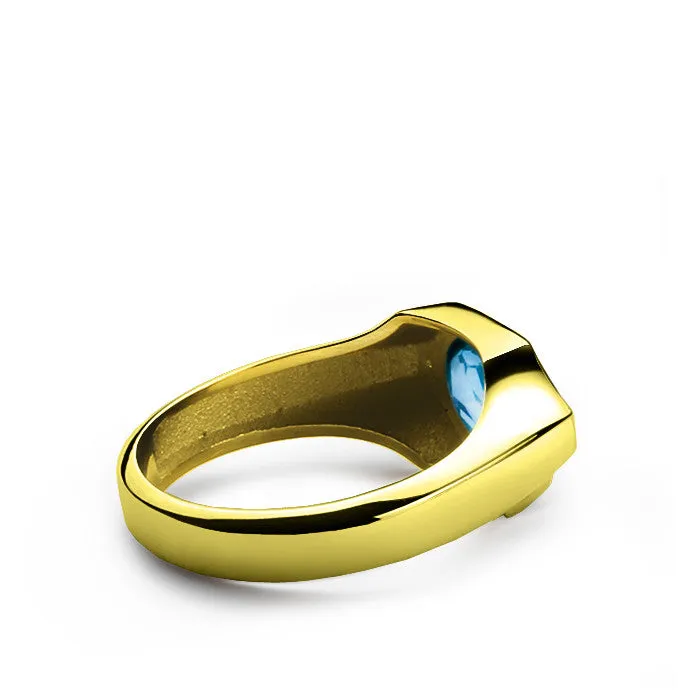 Men's Ring in 14k Yellow Gold with Blue Topaz and Natural Diamonds