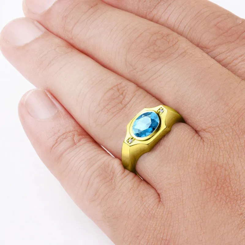 Men's Ring in 14k Yellow Gold with Blue Topaz and Natural Diamonds