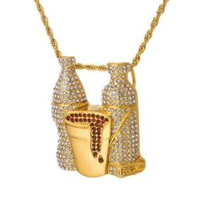 Multicolor Cubic-Zirconia-Studded Wine Bottles and Gold Cup Combo Stainless Steel Hip-hop Pendant Necklace