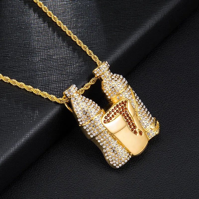 Multicolor Cubic-Zirconia-Studded Wine Bottles and Gold Cup Combo Stainless Steel Hip-hop Pendant Necklace