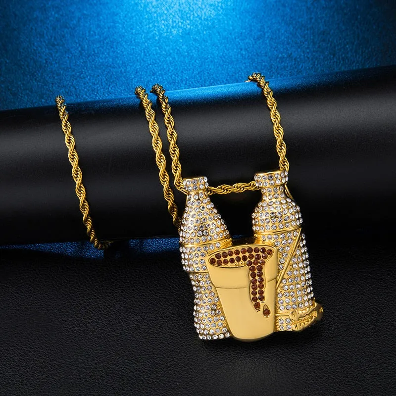 Multicolor Cubic-Zirconia-Studded Wine Bottles and Gold Cup Combo Stainless Steel Hip-hop Pendant Necklace