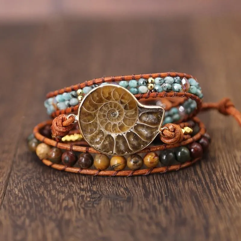 Natural Ammonite Fossil Jasper & African Turquoise 3X Wrap Bracelet