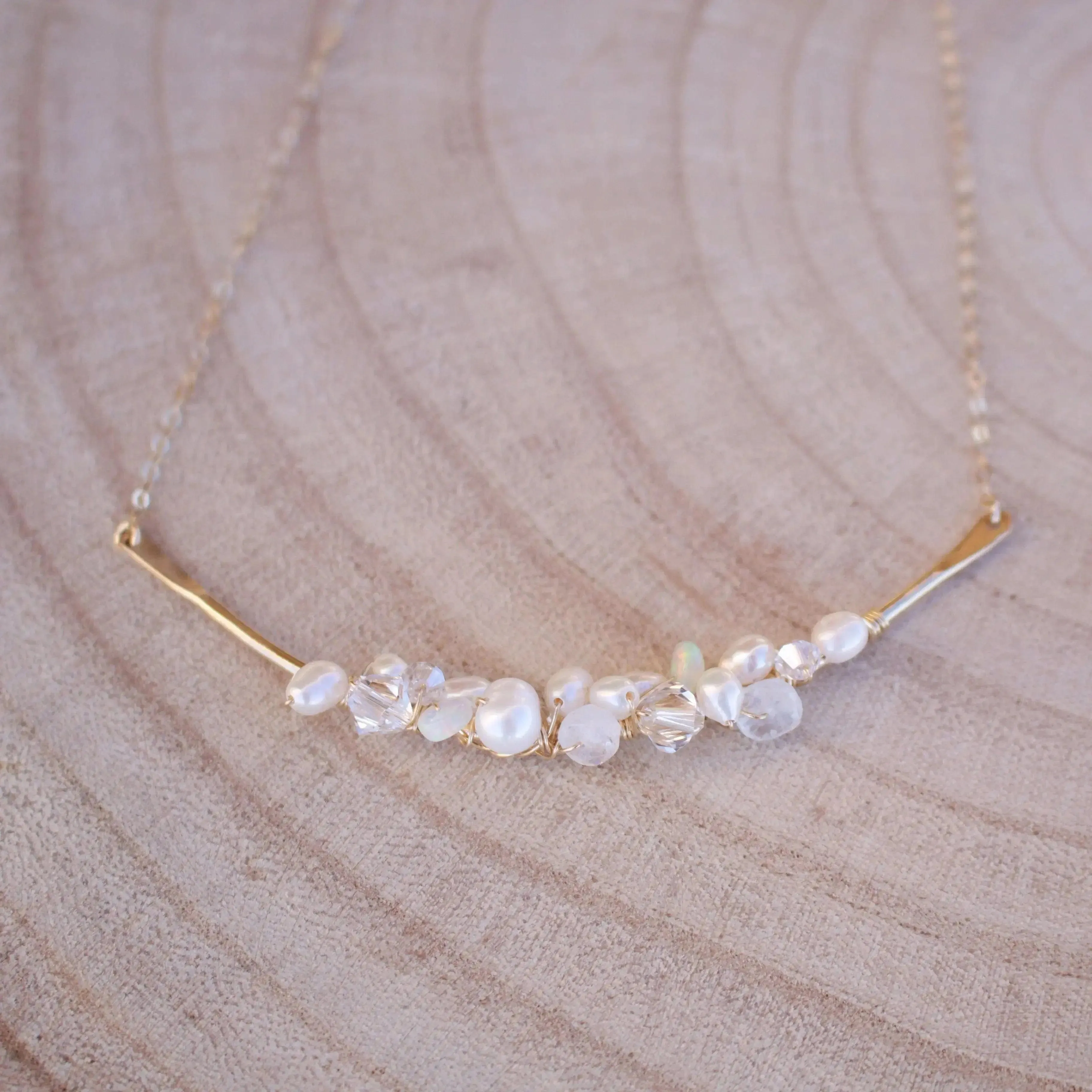 Opal, Pearl and Swarovski Crystal Bar Cluster Necklace