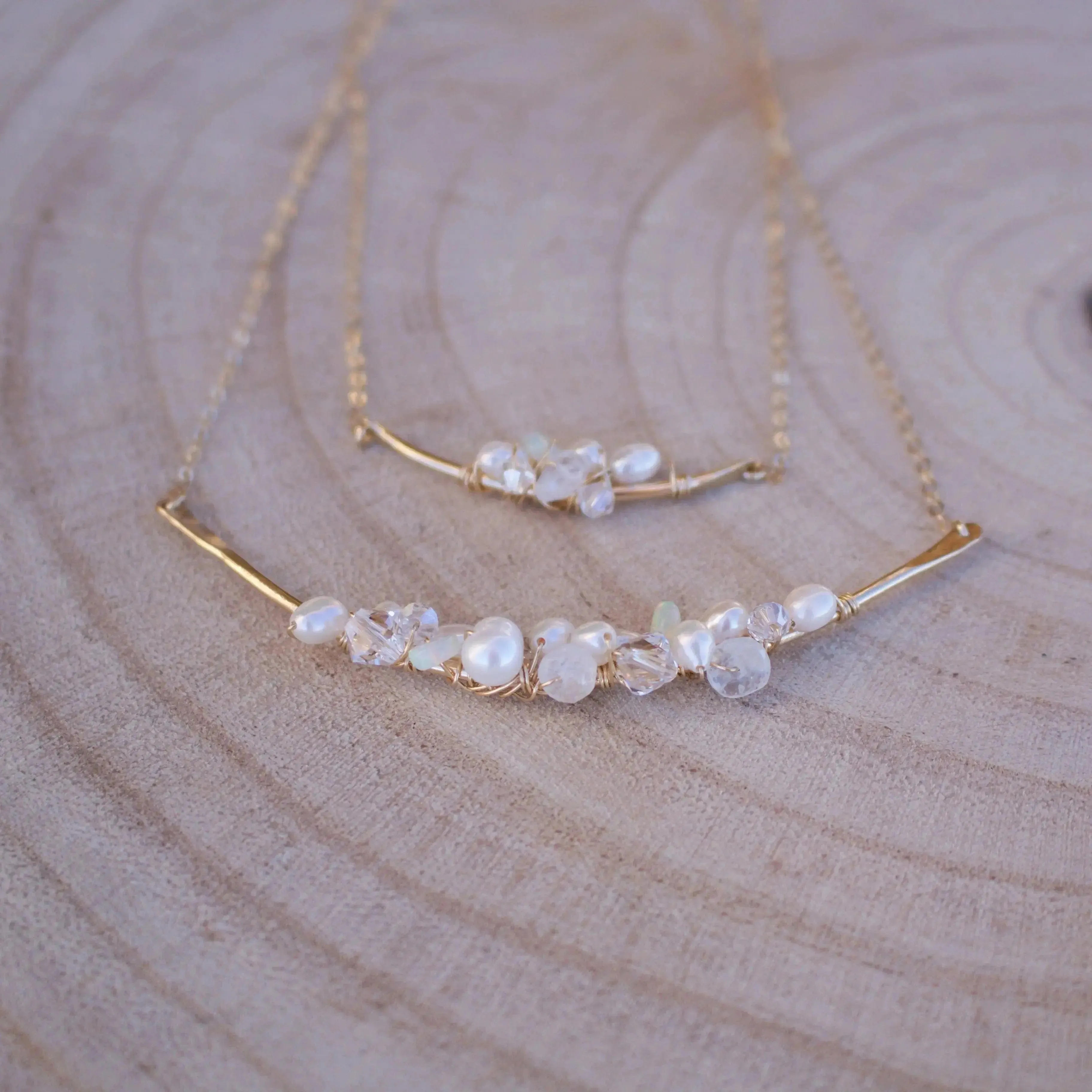 Opal, Pearl and Swarovski Crystal Bar Cluster Necklace