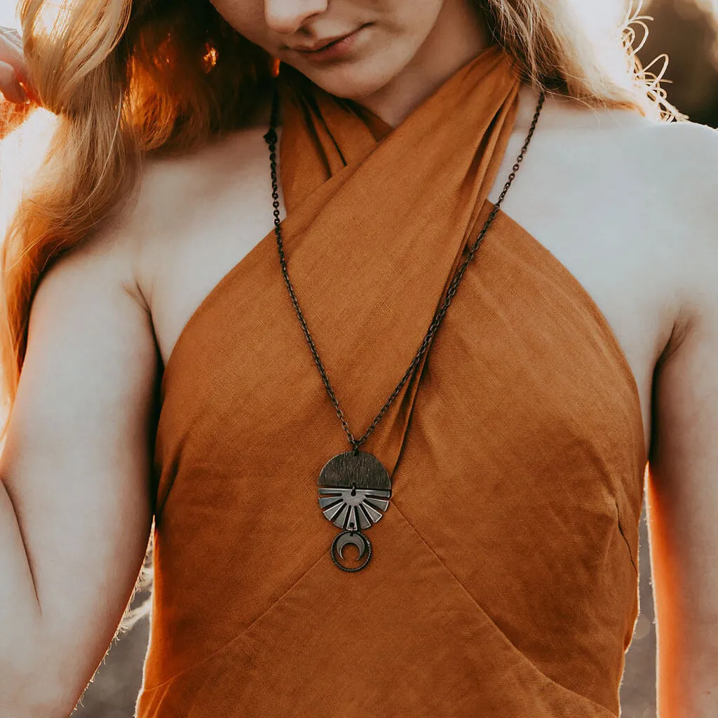 orbis // patina aged darkened sun, moon, sphere & crescent moon necklace