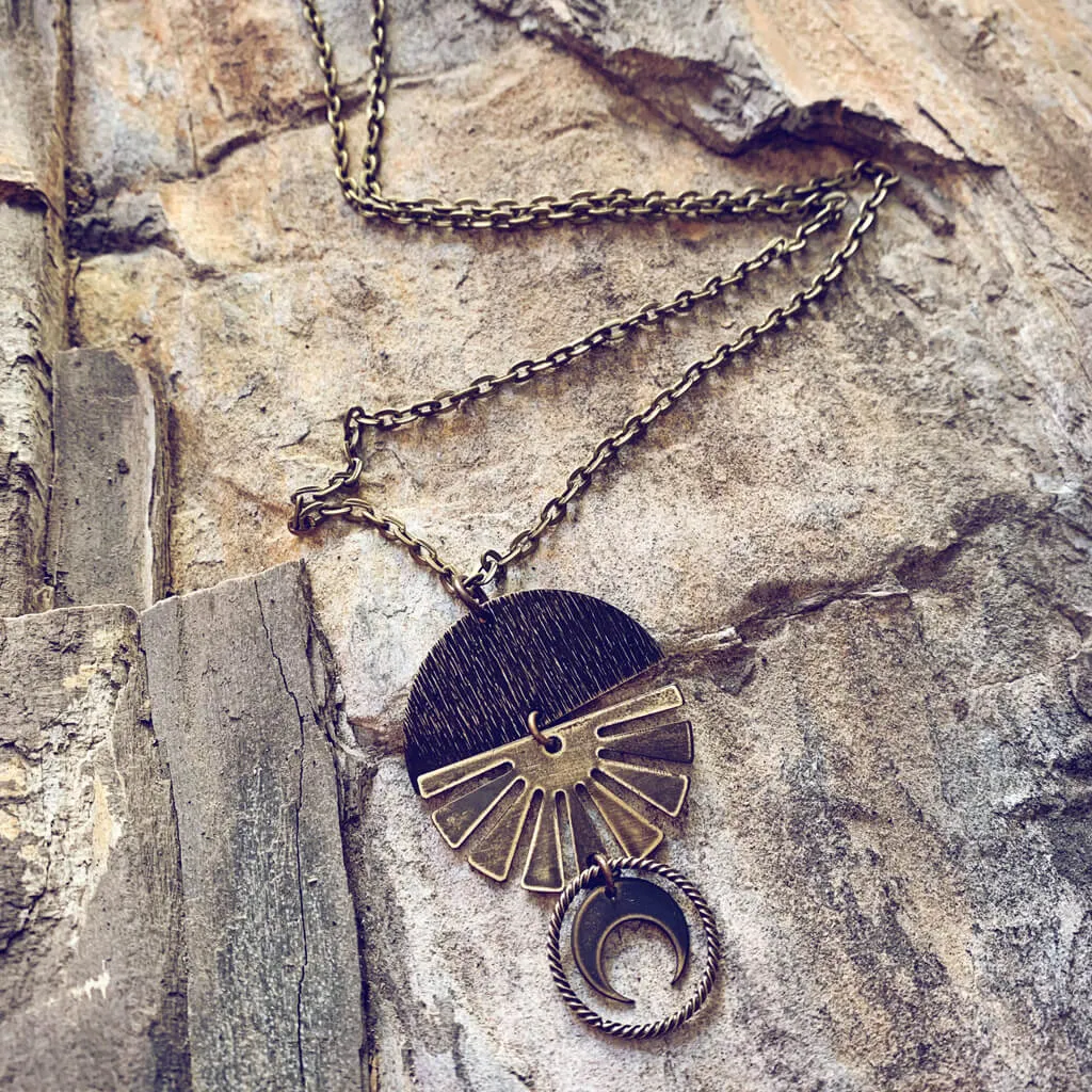 orbis // patina aged darkened sun, moon, sphere & crescent moon necklace