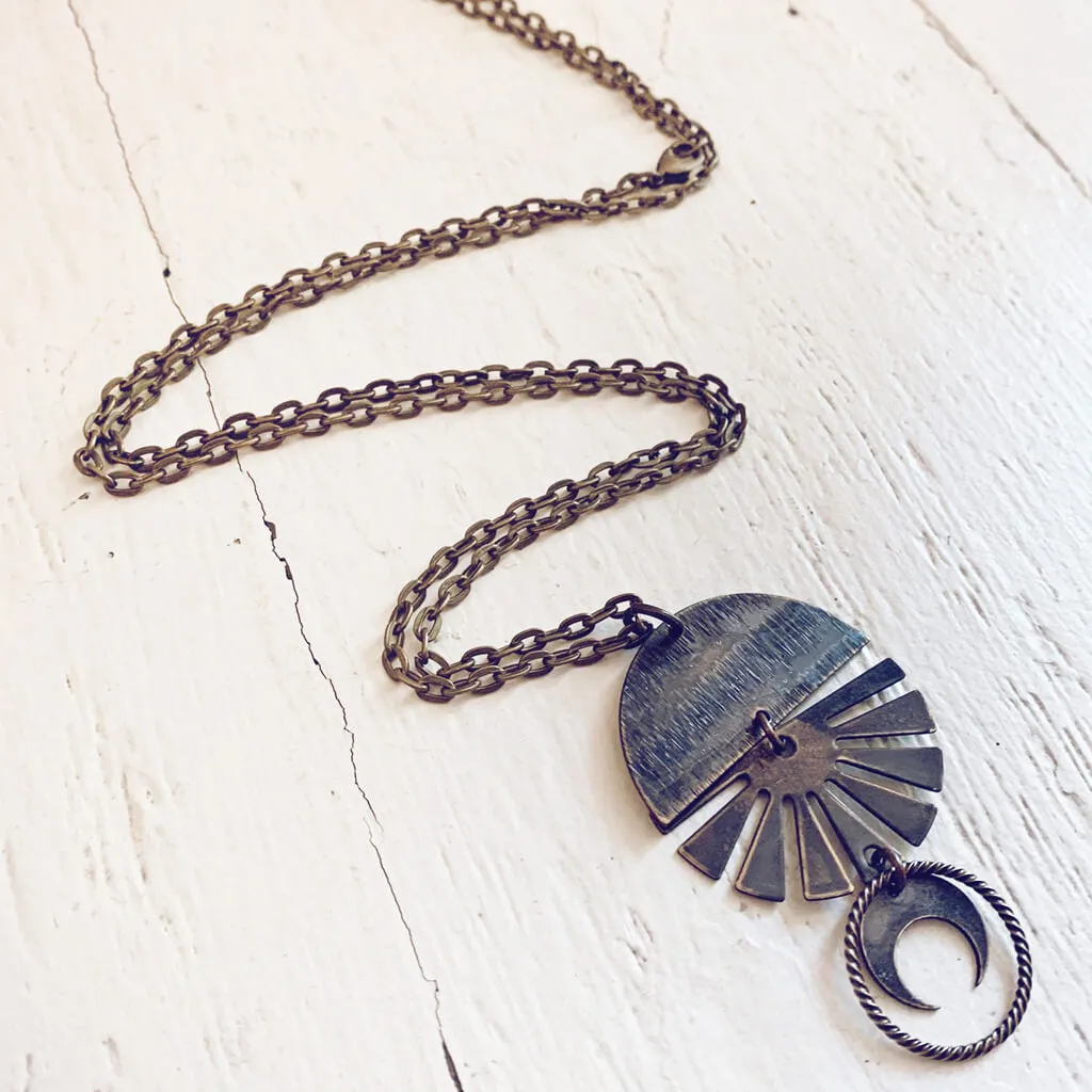 orbis // patina aged darkened sun, moon, sphere & crescent moon necklace