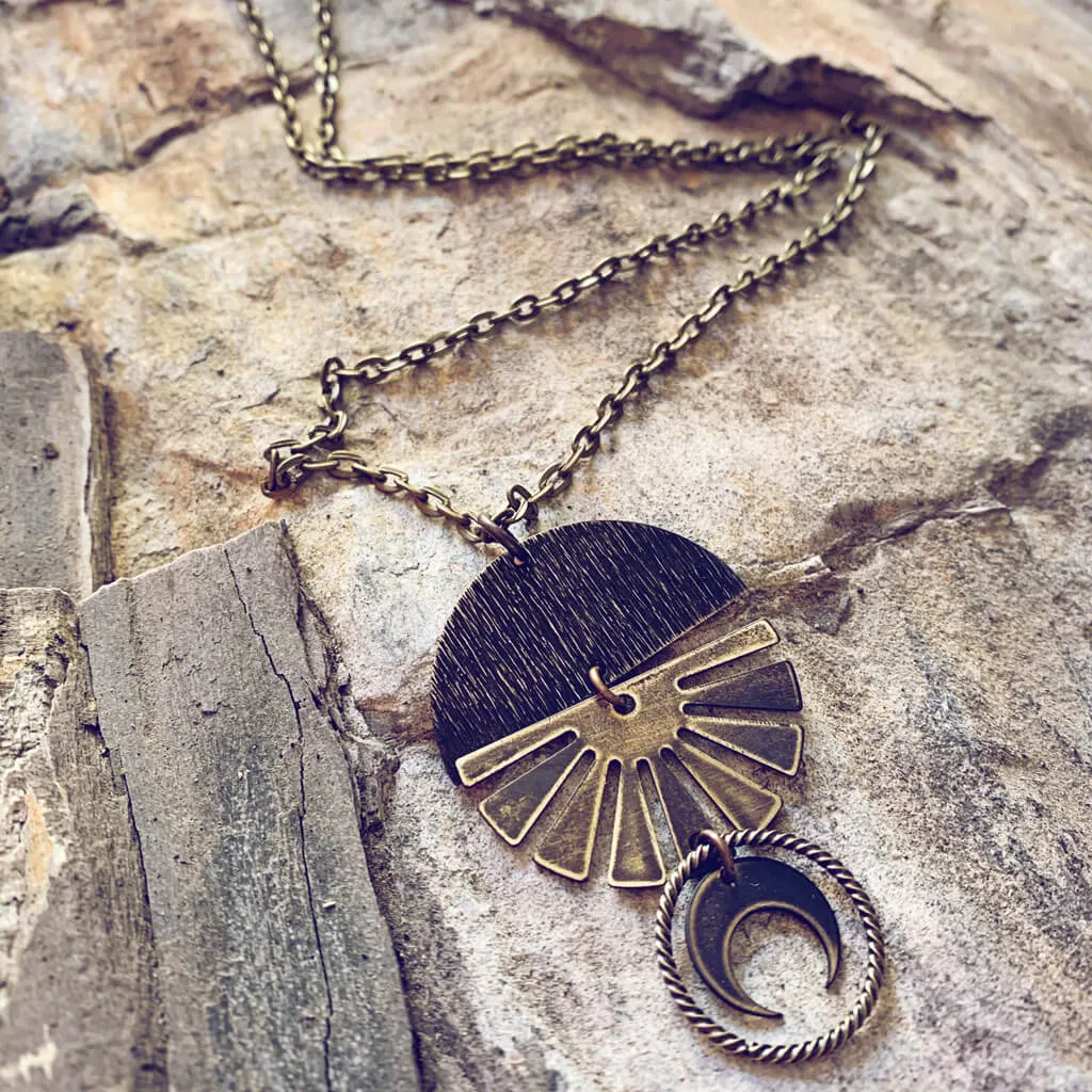 orbis // patina aged darkened sun, moon, sphere & crescent moon necklace