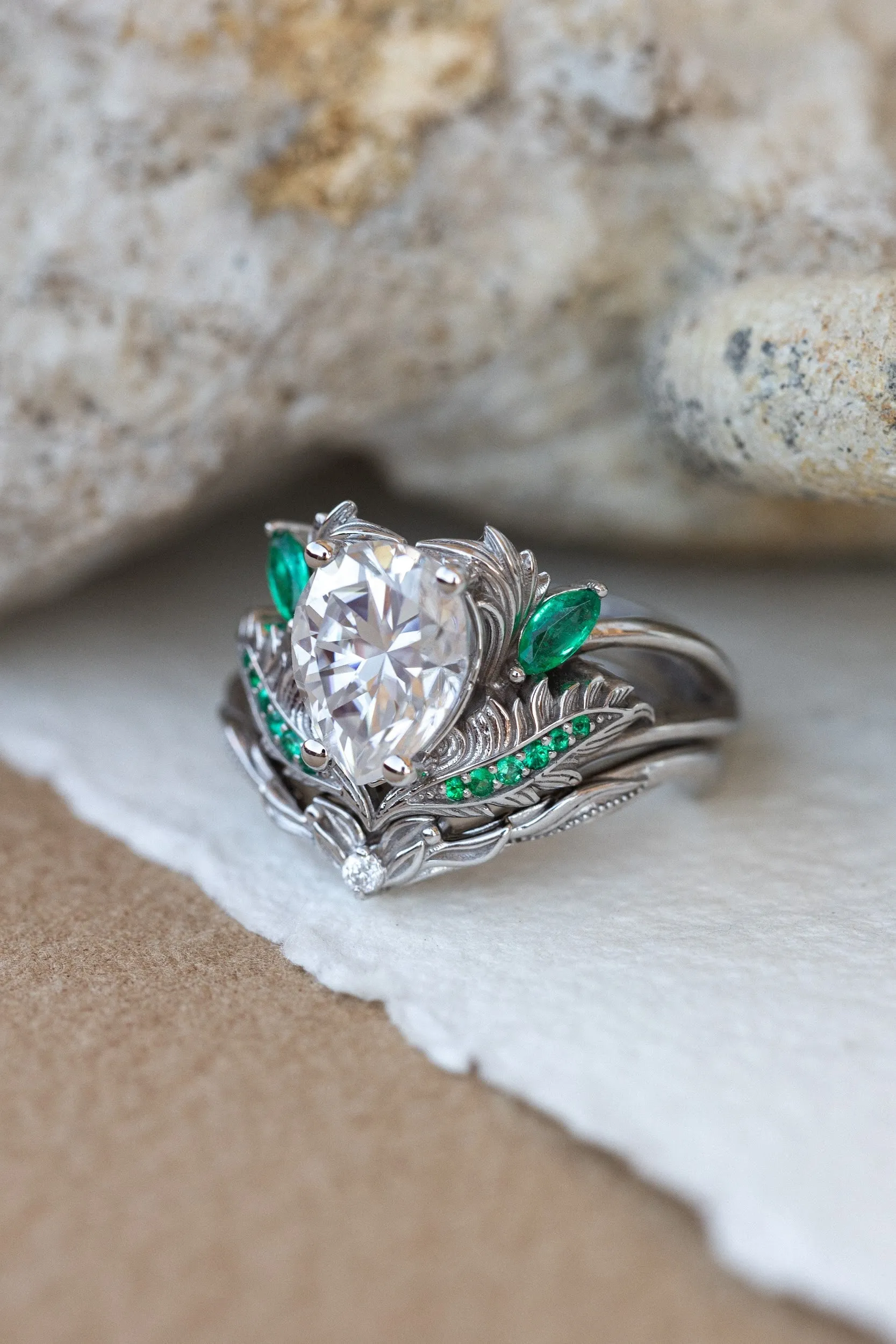 Pear moissanite engagement ring, nature inspired gold ring with accent emeralds / Adonis