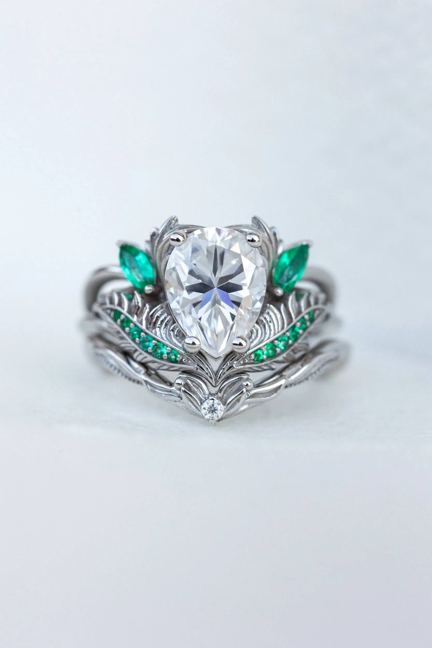 Pear moissanite engagement ring, nature inspired gold ring with accent emeralds / Adonis