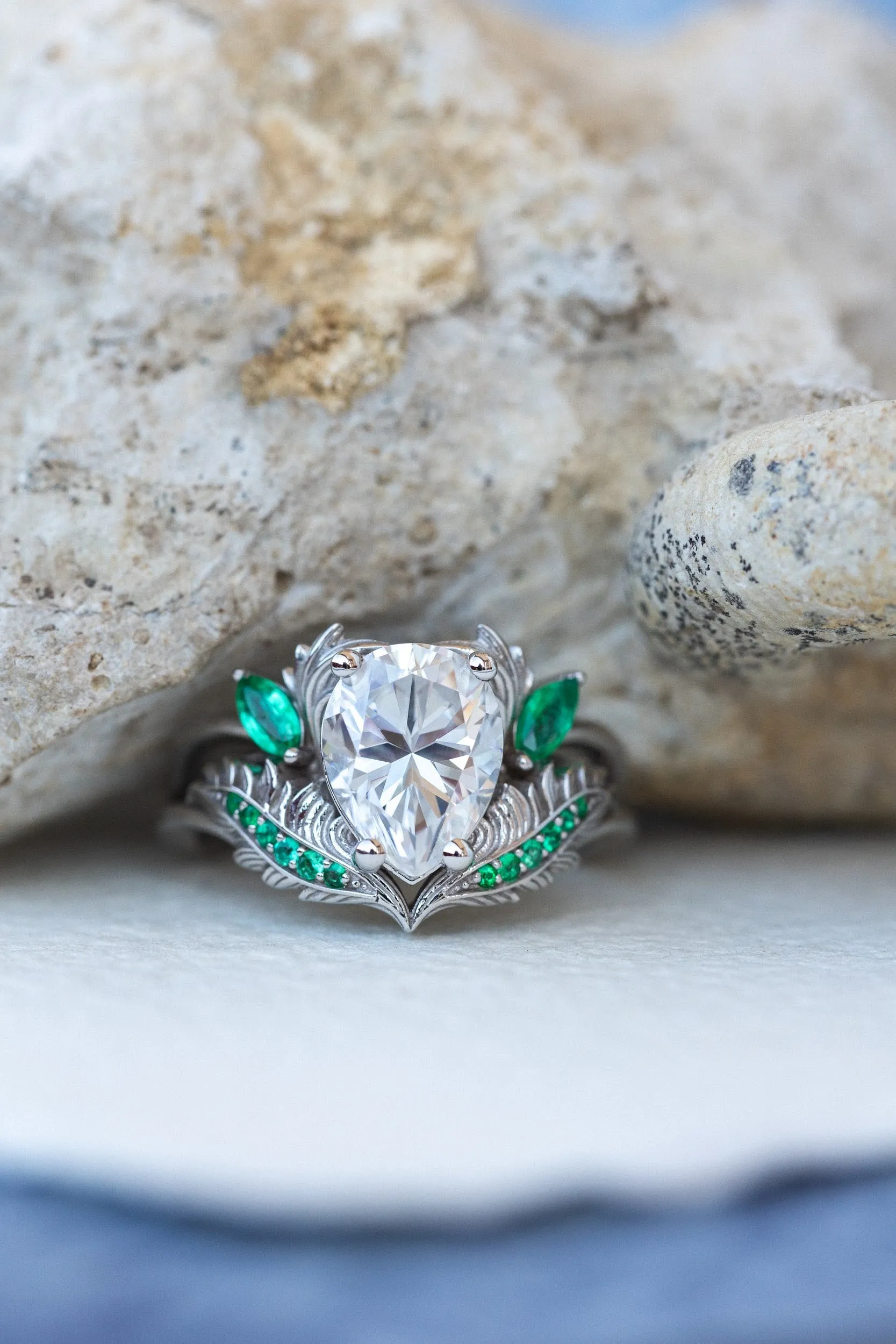 Pear moissanite engagement ring, nature inspired gold ring with accent emeralds / Adonis