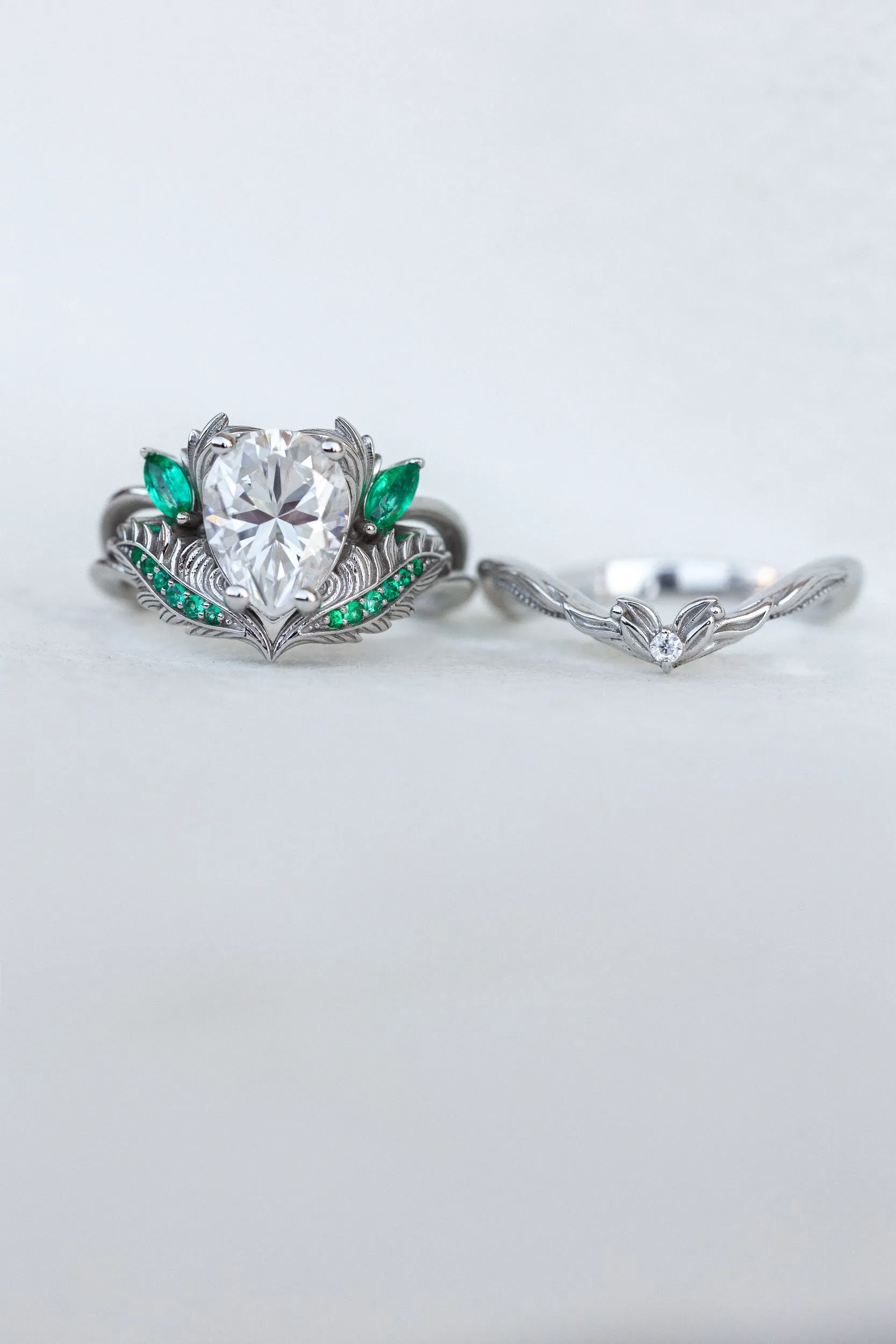 Pear moissanite engagement ring, nature inspired gold ring with accent emeralds / Adonis