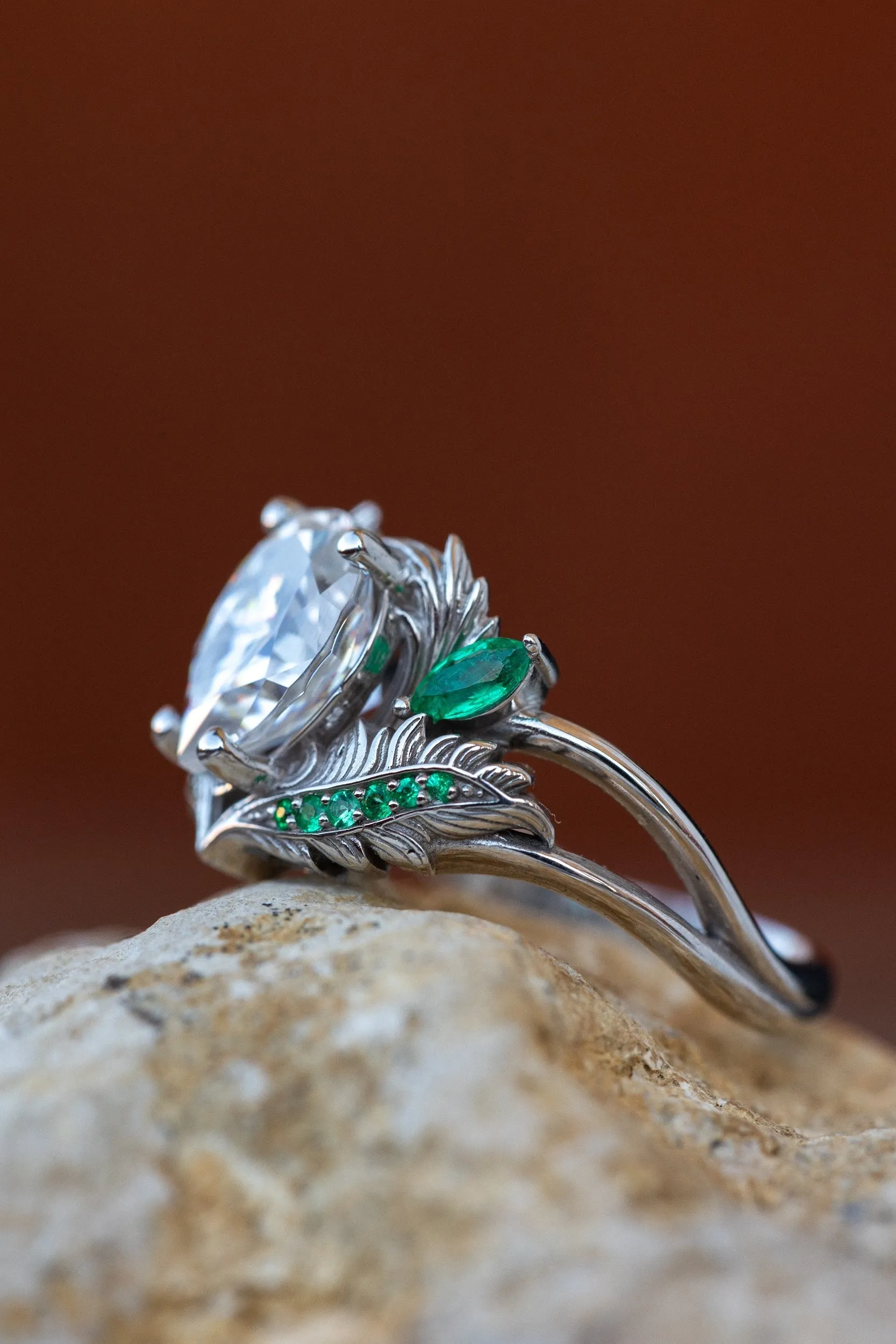 Pear moissanite engagement ring, nature inspired gold ring with accent emeralds / Adonis