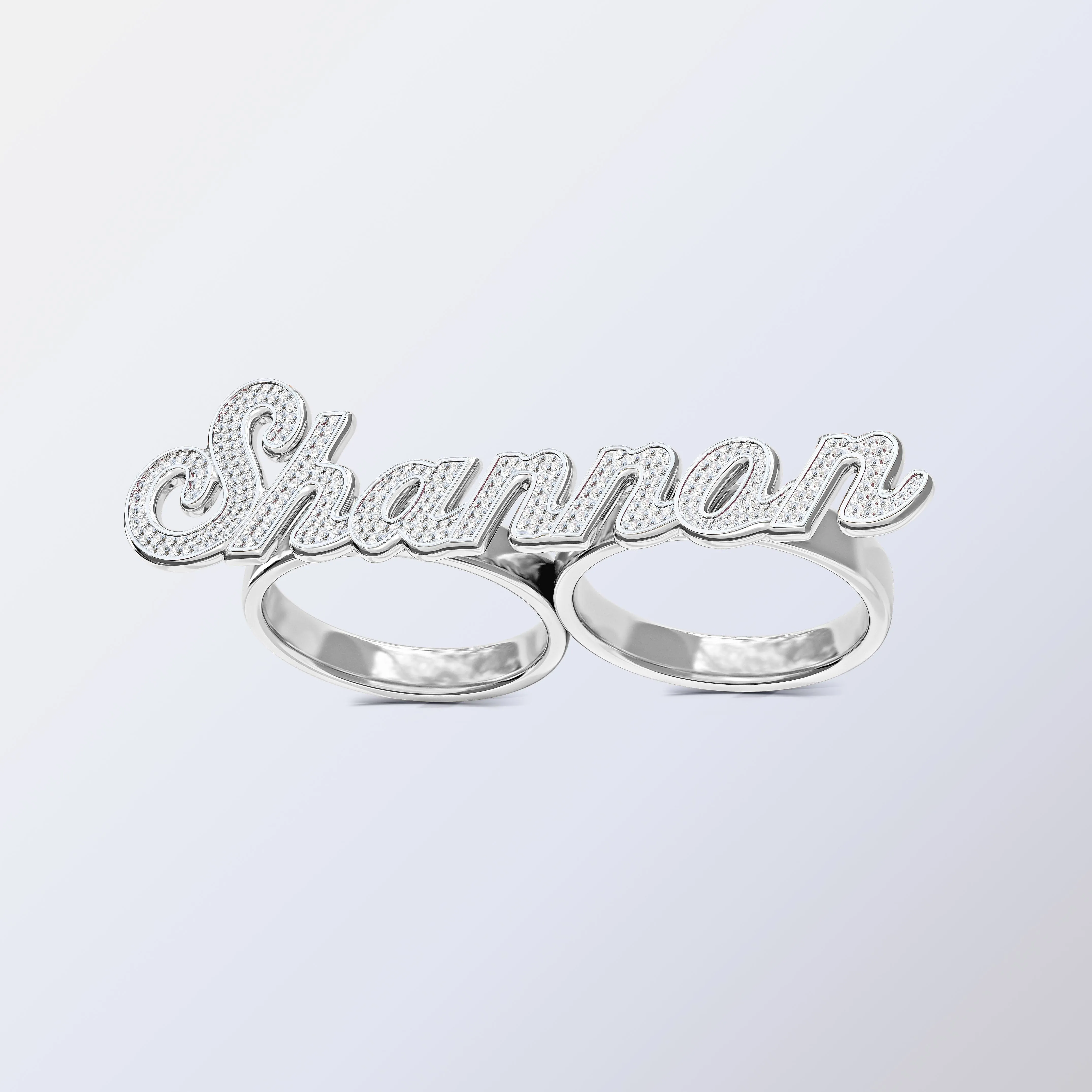 Personalized Two-Finger Name Ring with Beading and Rhodium Shannon