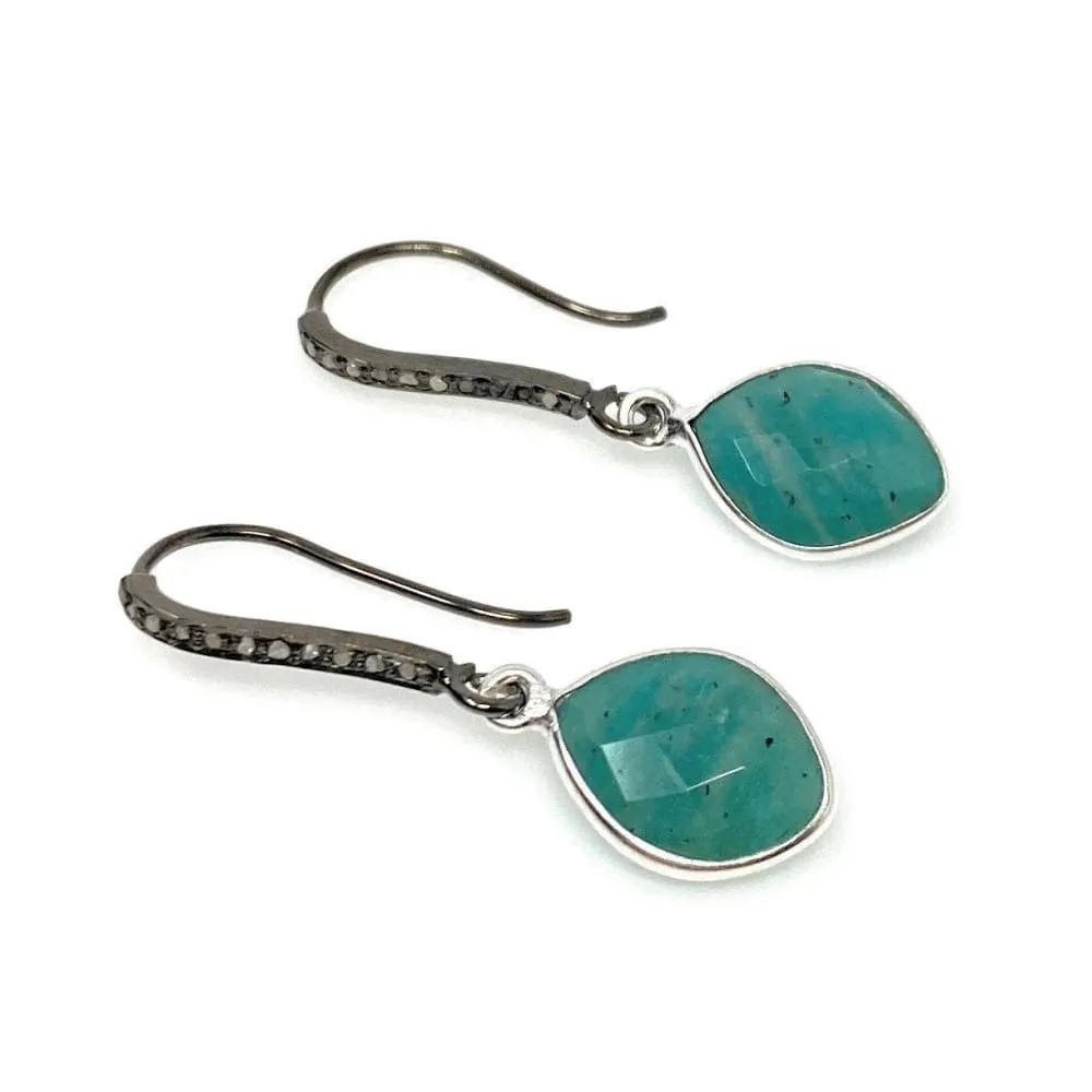 Peruvian Amazonite  Earrings, Pave Diamond Earrings, Sterling Silver