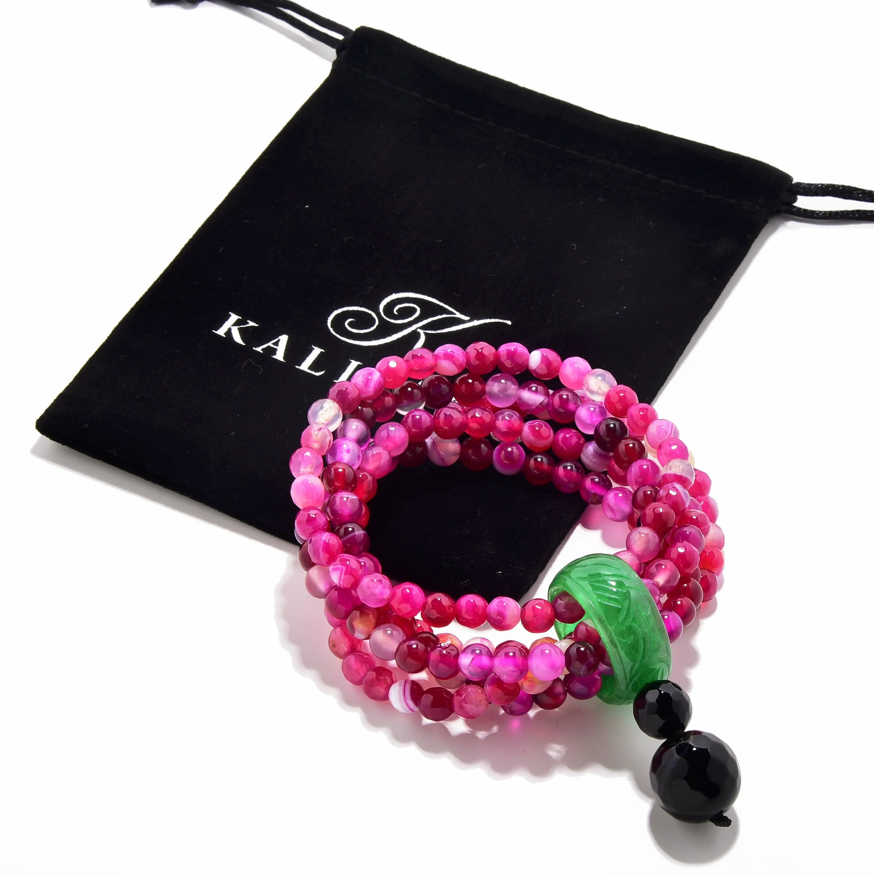 Pink Agate 6mm Beads with Jade Ring Gemstone Elastic Bracelet