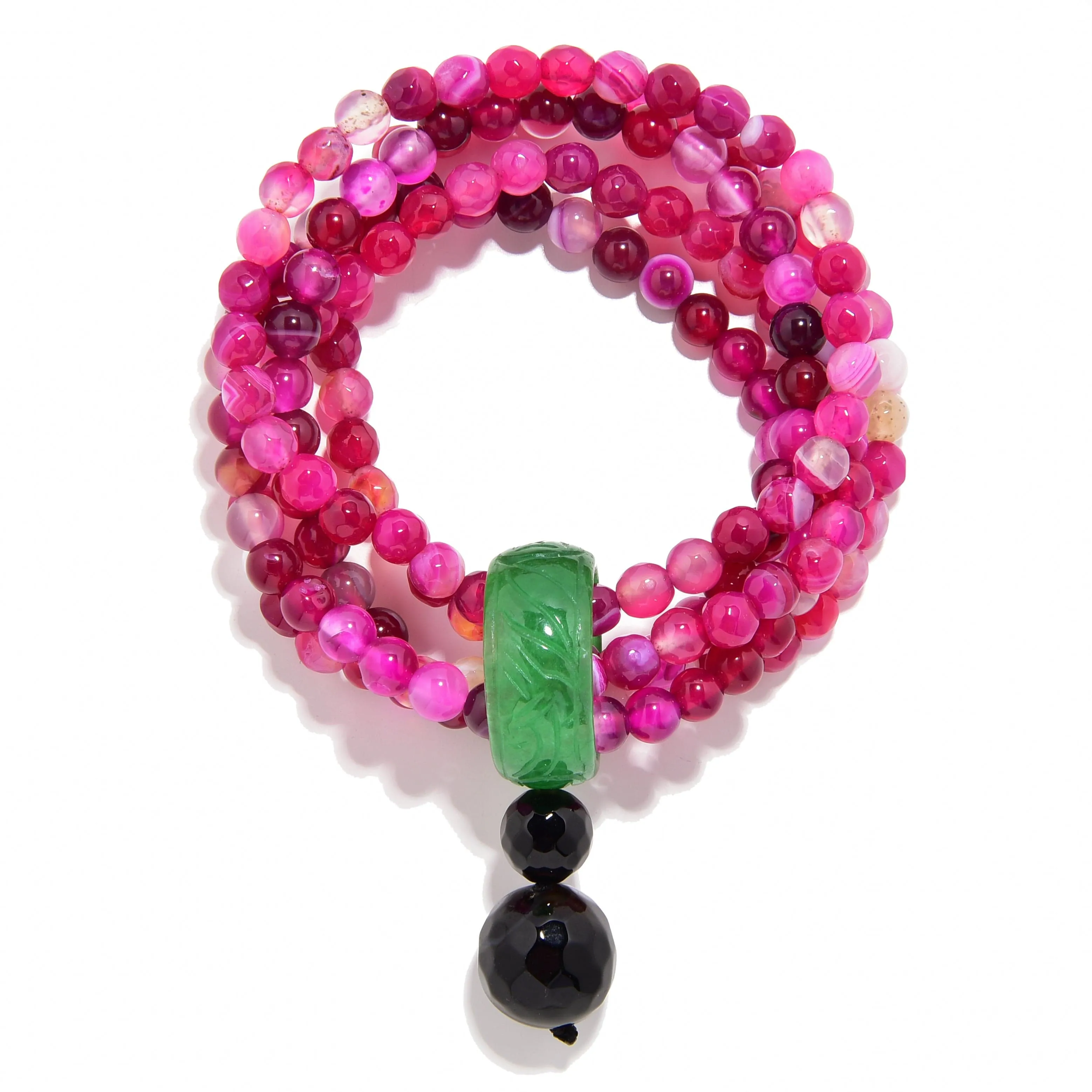 Pink Agate 6mm Beads with Jade Ring Gemstone Elastic Bracelet