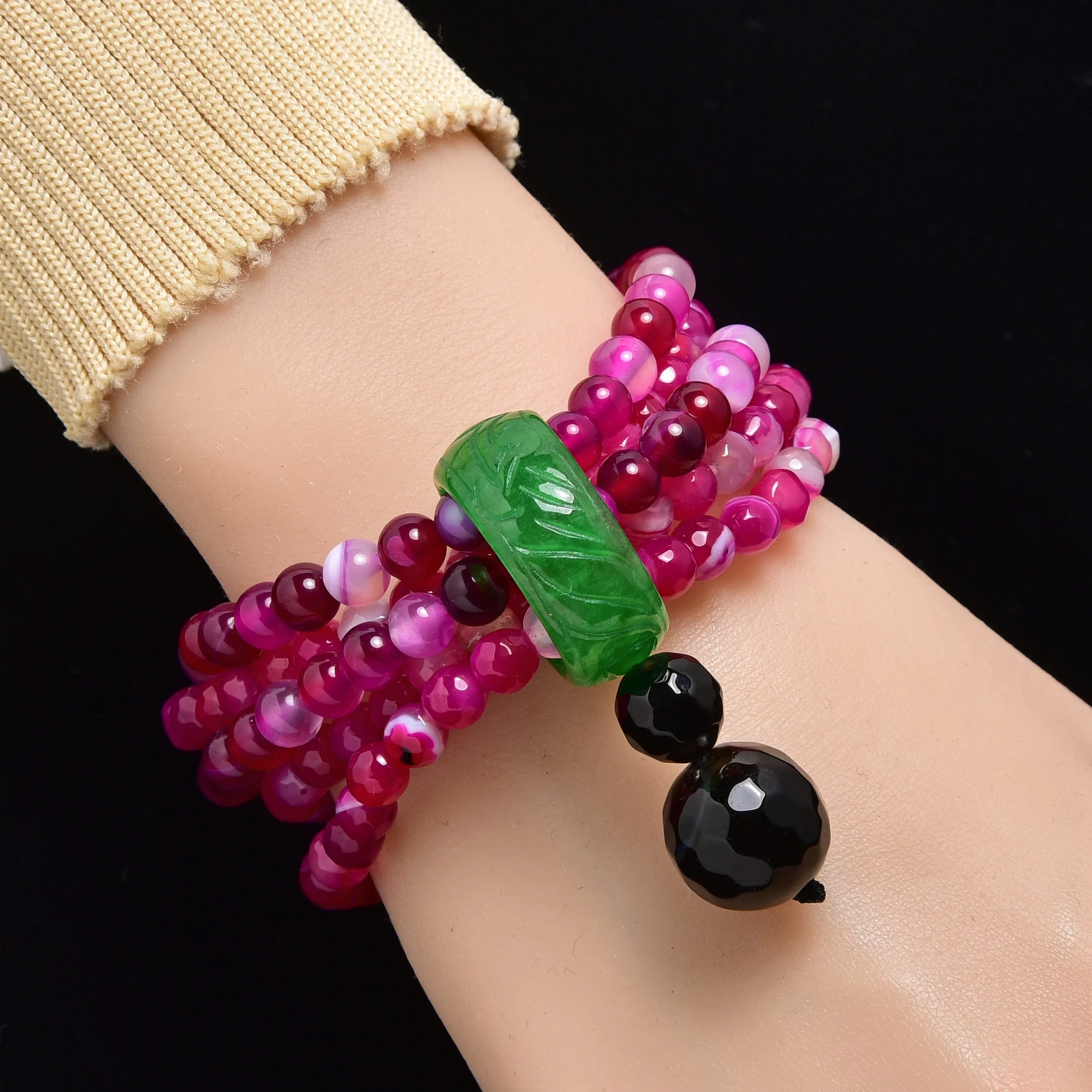 Pink Agate 6mm Beads with Jade Ring Gemstone Elastic Bracelet