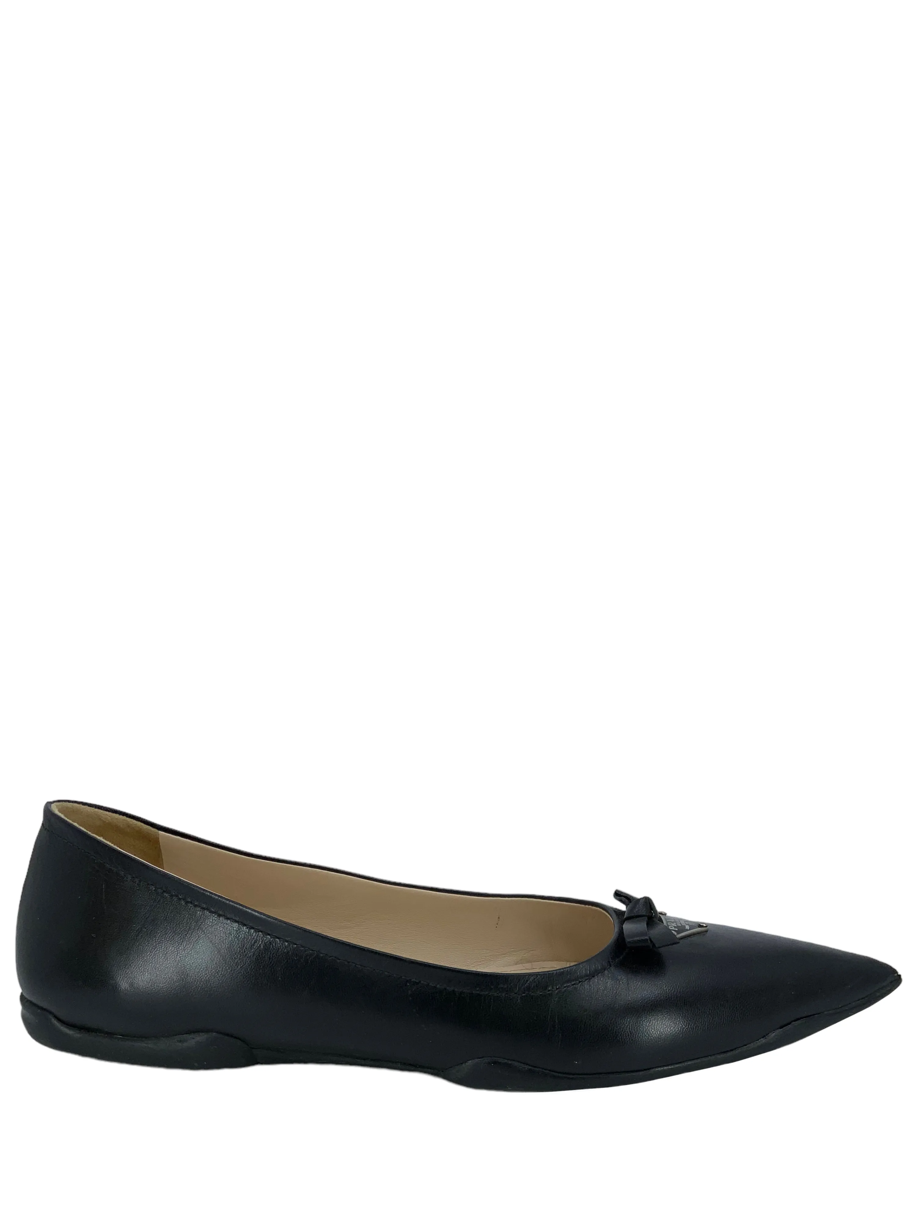 Prada Leather Triangle Logo Point Toe Bow Flats Size 7