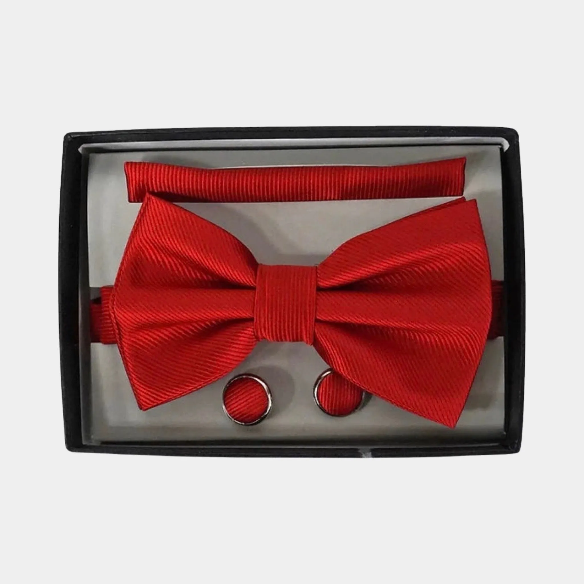 Pre-Tied 3 Piece Ribbed Bow tie Set, Matching hanky & Cuff Link