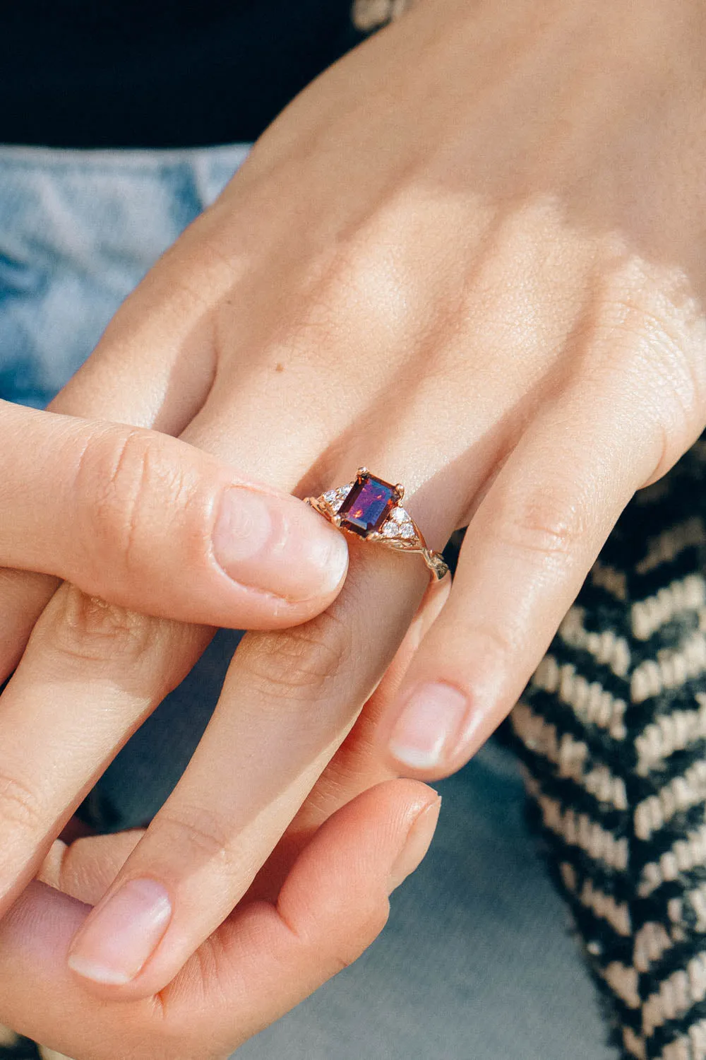 READY TO SHIP: Gloria ring in 14K rose gold, natural garnet emerald cut 8x6 mm, accents moissanites, AVAILABLE RING SIZES: 6-8US