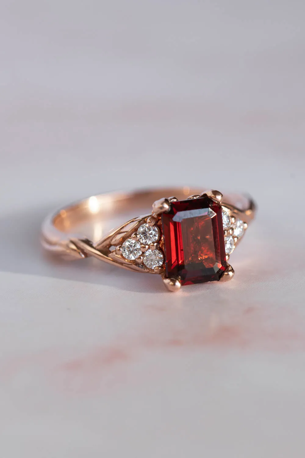 READY TO SHIP: Gloria ring in 14K rose gold, natural garnet emerald cut 8x6 mm, accents moissanites, AVAILABLE RING SIZES: 6-8US