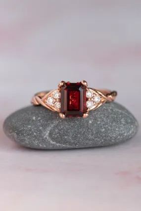 READY TO SHIP: Gloria ring in 14K rose gold, natural garnet emerald cut 8x6 mm, accents moissanites, AVAILABLE RING SIZES: 6-8US