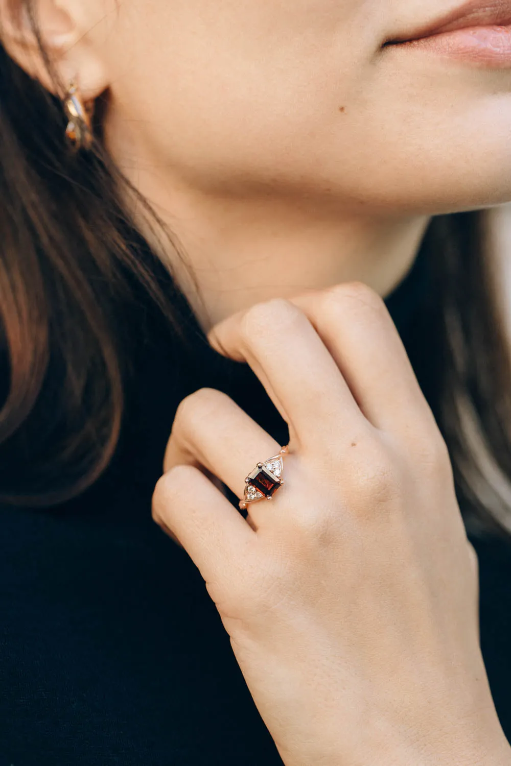 READY TO SHIP: Gloria ring in 14K rose gold, natural garnet emerald cut 8x6 mm, accents moissanites, AVAILABLE RING SIZES: 6-8US