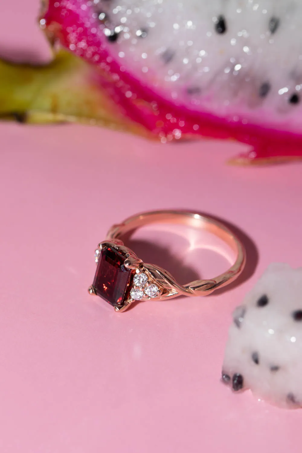 READY TO SHIP: Gloria ring in 14K rose gold, natural garnet emerald cut 8x6 mm, accents moissanites, AVAILABLE RING SIZES: 6-8US