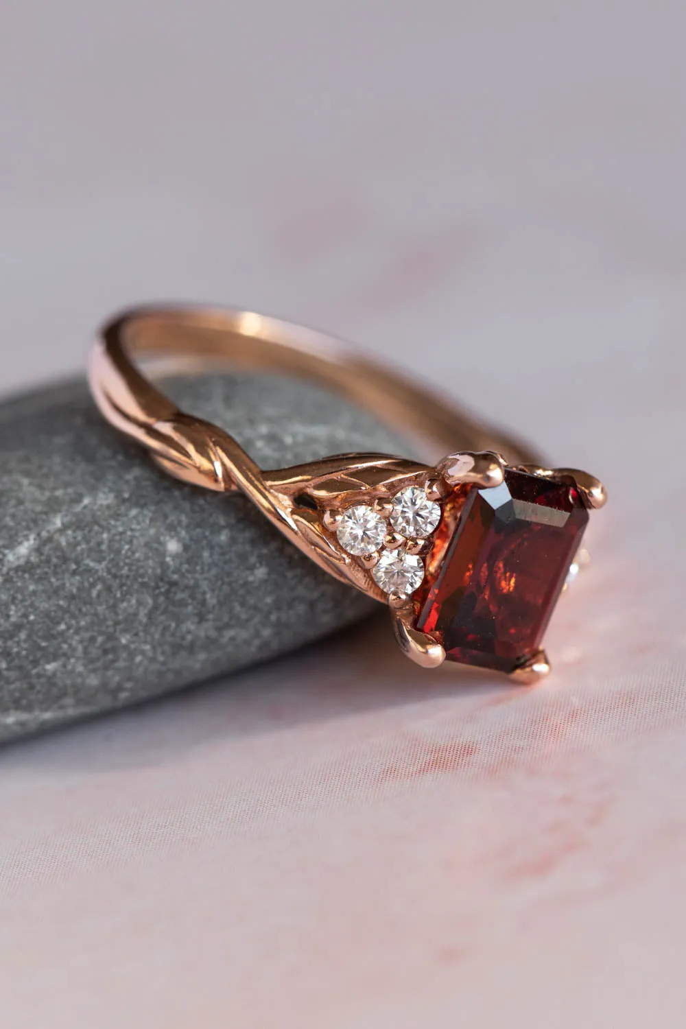 READY TO SHIP: Gloria ring in 14K rose gold, natural garnet emerald cut 8x6 mm, accents moissanites, AVAILABLE RING SIZES: 6-8US