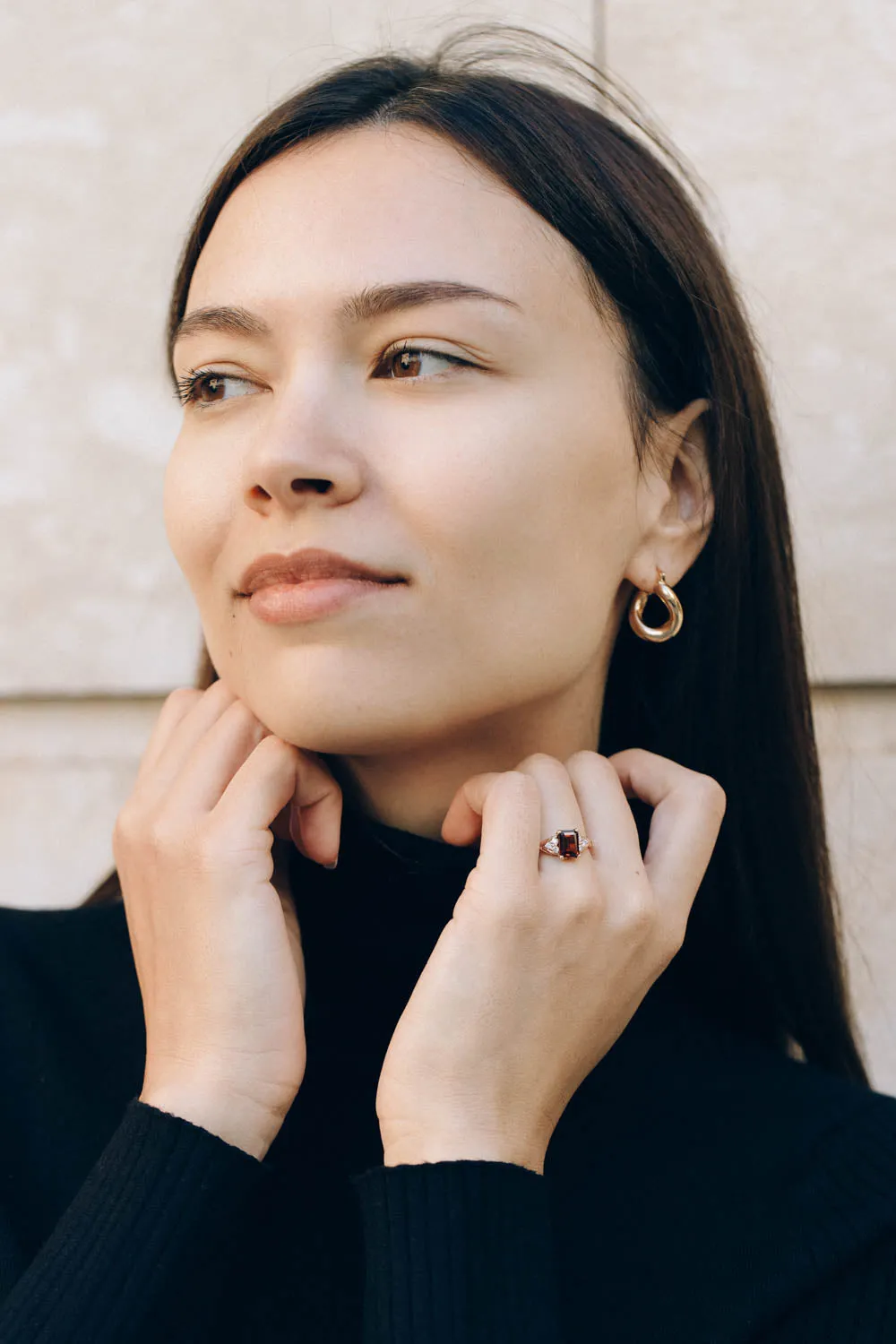 READY TO SHIP: Gloria ring in 14K rose gold, natural garnet emerald cut 8x6 mm, accents moissanites, AVAILABLE RING SIZES: 6-8US