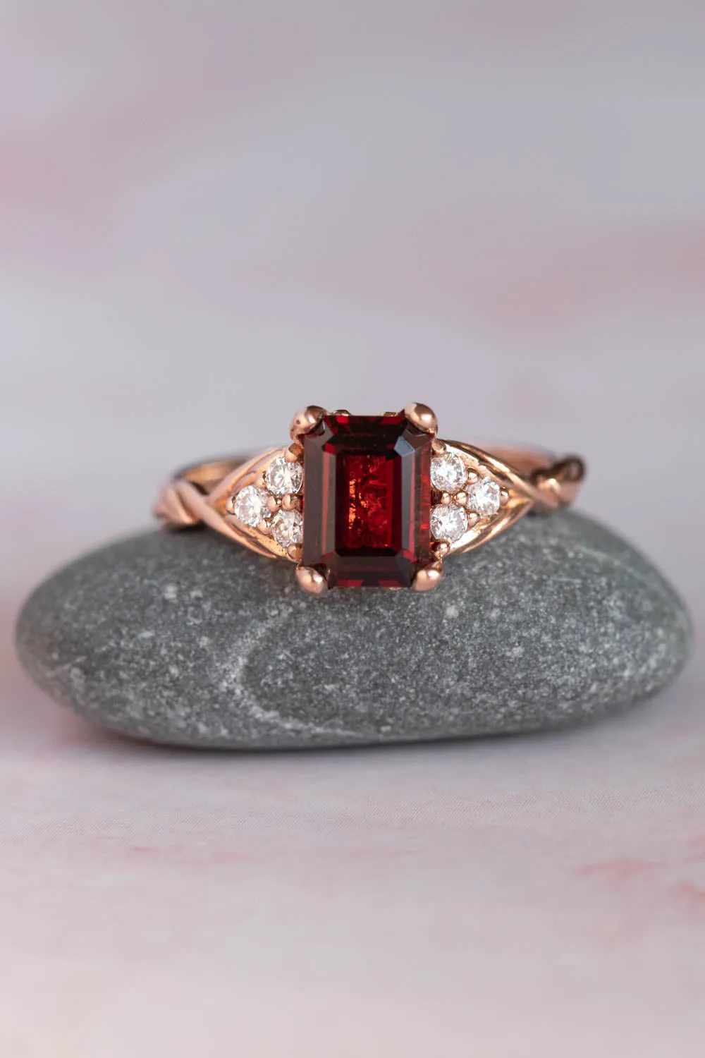 READY TO SHIP: Gloria ring in 14K rose gold, natural garnet emerald cut 8x6 mm, accents moissanites, AVAILABLE RING SIZES: 6-8US