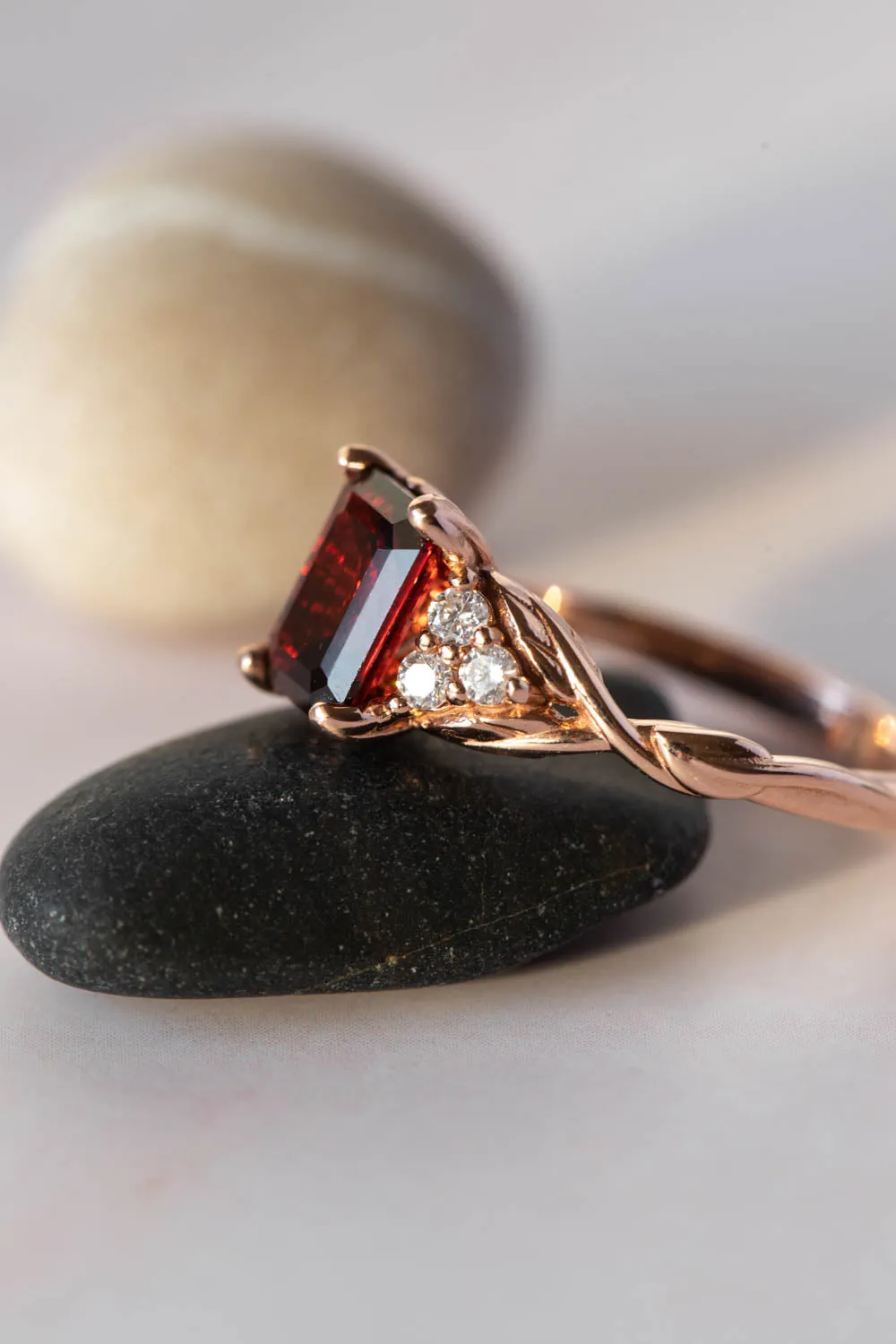 READY TO SHIP: Gloria ring in 14K rose gold, natural garnet emerald cut 8x6 mm, accents moissanites, AVAILABLE RING SIZES: 6-8US