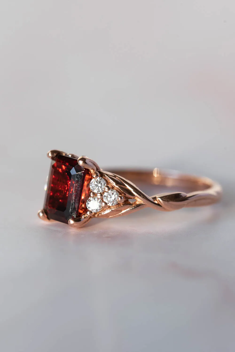 READY TO SHIP: Gloria ring in 14K rose gold, natural garnet emerald cut 8x6 mm, accents moissanites, AVAILABLE RING SIZES: 6-8US