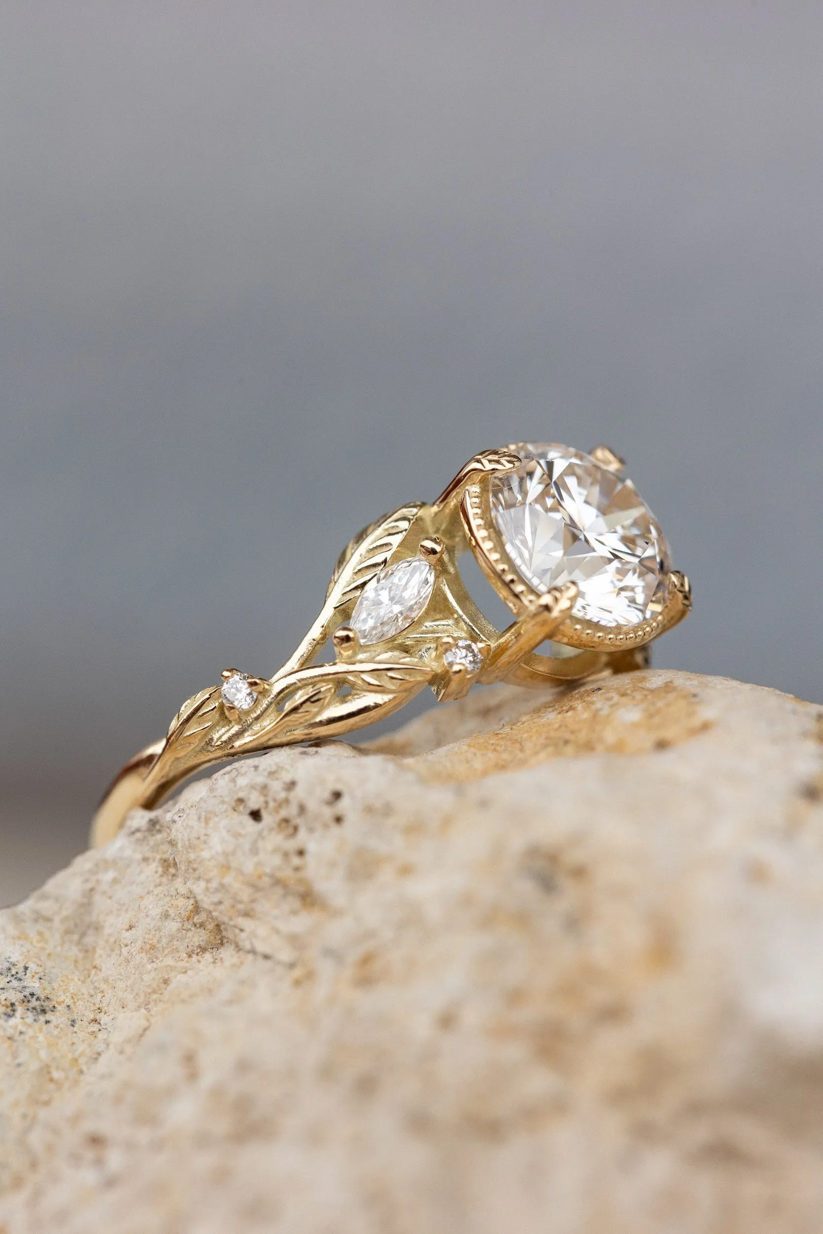 READY TO SHIP: Patricia ring in 14K yellow gold, lab grown diamond 7.5 mm, accent lab grown diamonds, AVAILABLE RING SIZES: 6-8US