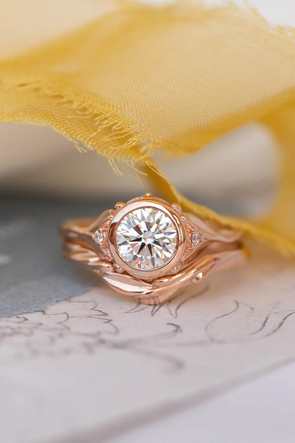 READY TO SHIP: Roma set in 14K rose gold, round lab grown diamond 6.5 mm, diamonds, RING SIZE 7 US