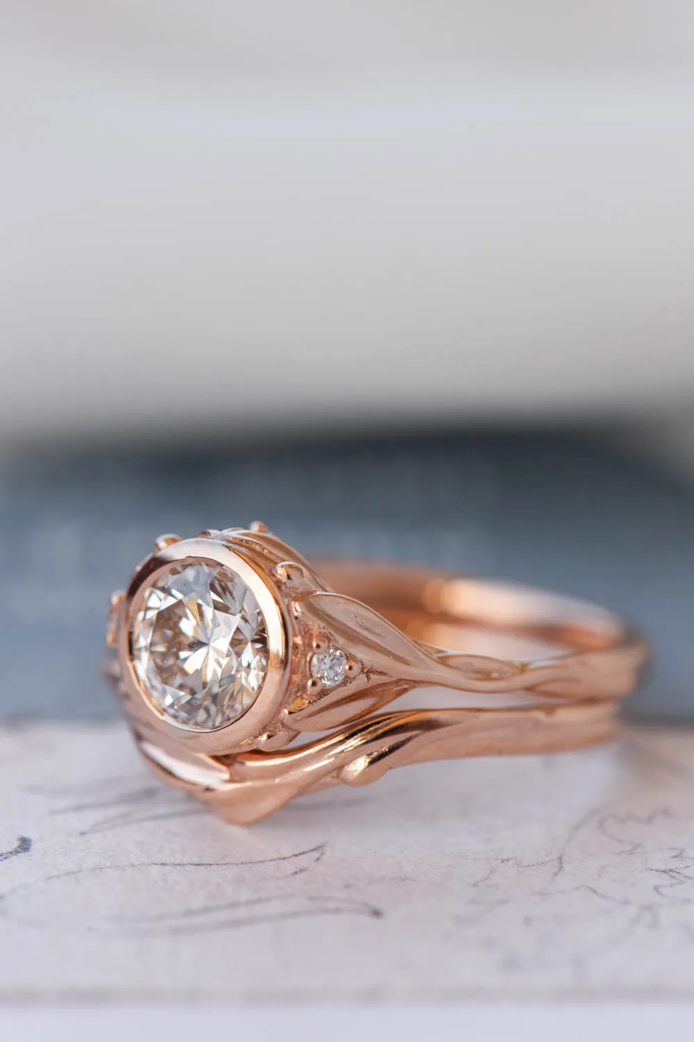 READY TO SHIP: Roma set in 14K rose gold, round lab grown diamond 6.5 mm, diamonds, RING SIZE 7 US