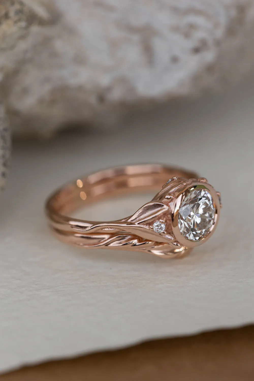 READY TO SHIP: Roma set in 14K rose gold, round lab grown diamond 6.5 mm, diamonds, RING SIZE 7 US