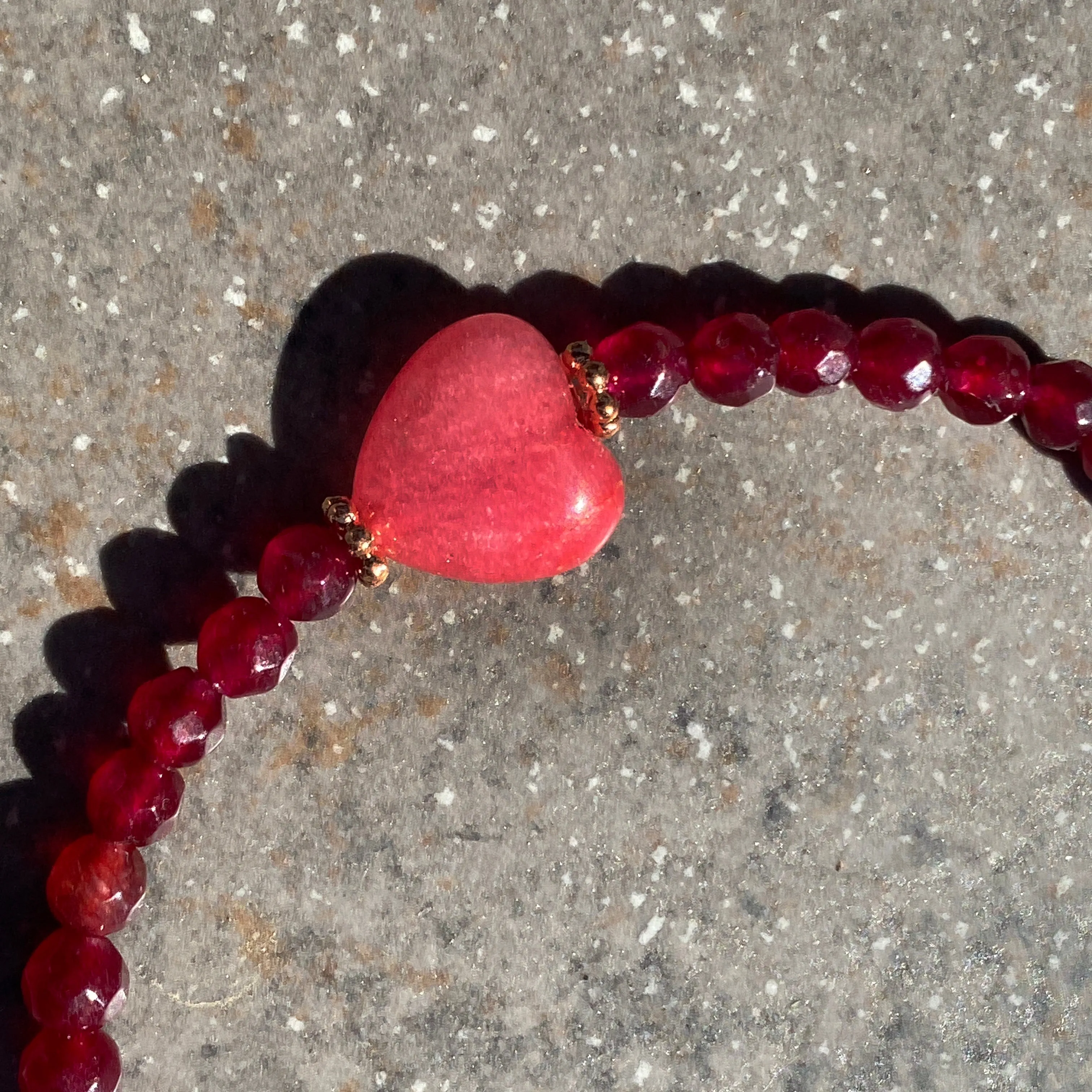 Red Jade bead with Rhodochrosite gemstone Heart, and Copper Bracelet