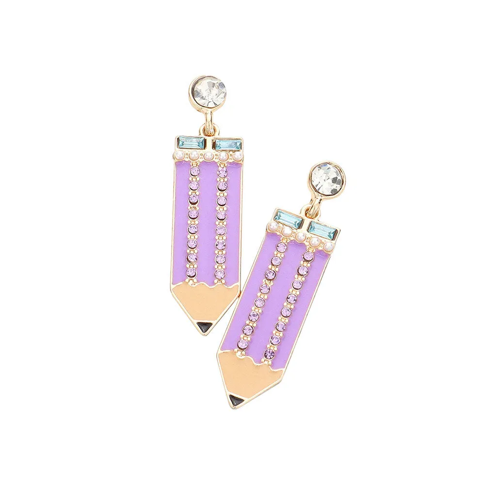 Rhinestone Embellished Enamel Pencil Dangle Earrings