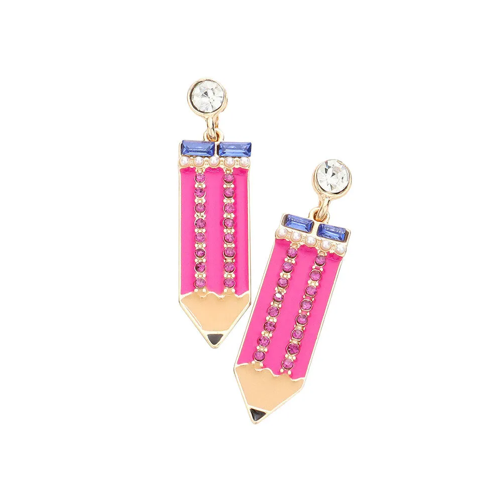 Rhinestone Embellished Enamel Pencil Dangle Earrings