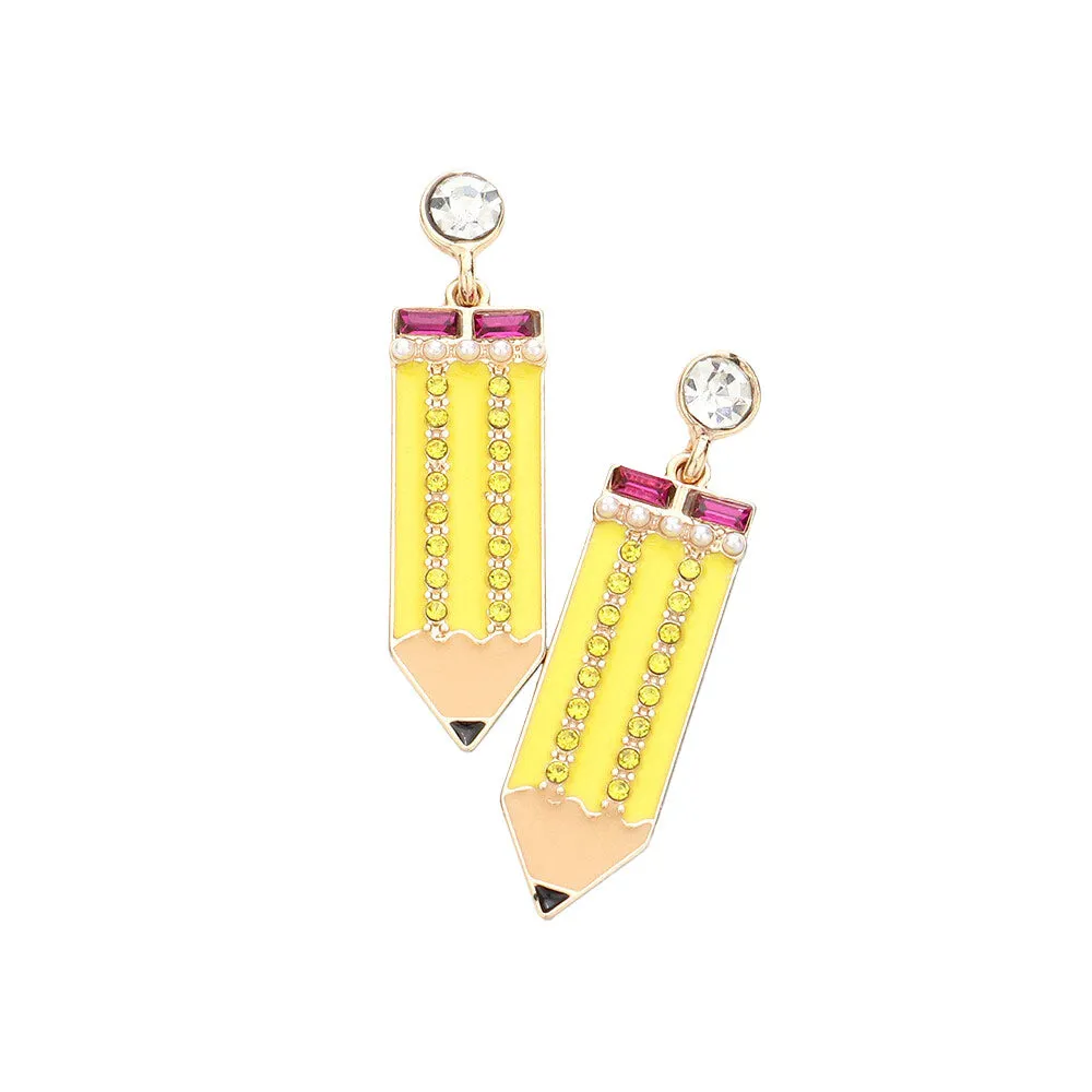 Rhinestone Embellished Enamel Pencil Dangle Earrings