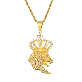 Rhinestone-Studded Gold-Plated Lion King Crown Bling 316L Stainless Steel Hip-hop Pendant Necklace