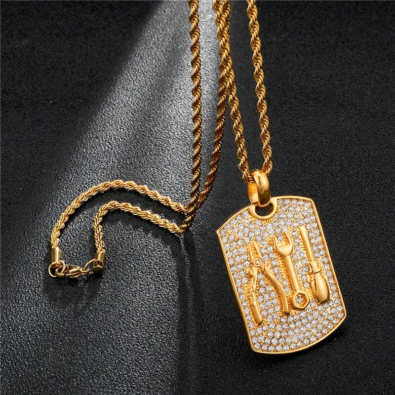 Rhinestone-Studded Mechanical Tools Bling 316L Stainless Steel Hip-hop Pendant Necklace