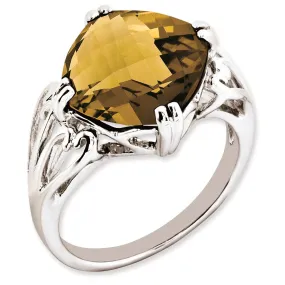 Rhodium-Plated Checker-Cut Whiskey Quartz Ring in Sterling Silver