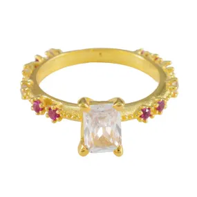 Riyo Adorable Silver Ring With Yellow Gold Plating Ruby CZ Stone Octagon Shape Prong Setting Handamde Jewelry New Year Ring