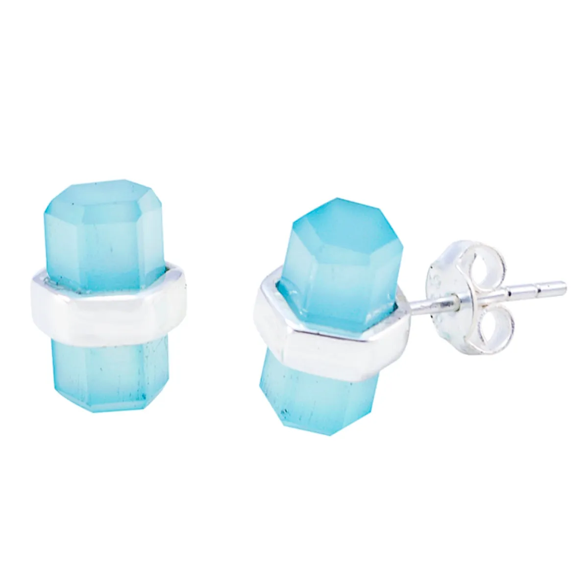 Riyo Genuine Gems fancy Faceted Blue Chalcedony Silver Earring gift for independence day