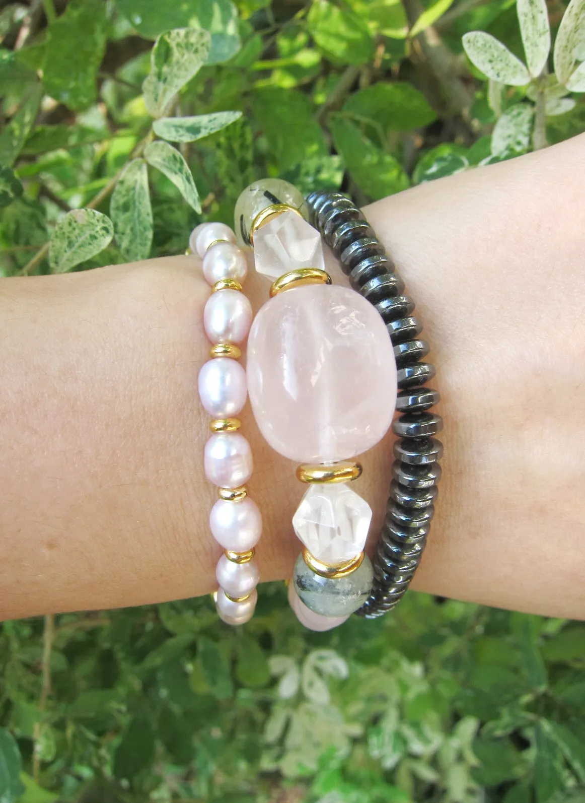 Rose Quartz, Prehnite, Freshwater Pearl - Love, Fertility, Protection Mala Bracelet